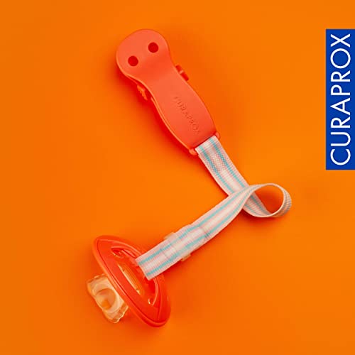 CURAPROX Baby Schnullerkette mit Clip, Schnullerband Stoff, Schnullerhalter, Pacifier holder with clip, BPA-frei, orange, 1 Stück, 10 g Curaprox Baby Schnullerhalter