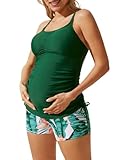 Women's Maternity Athletic Swimsuits with Boy Shorts Pregnancy Tankini Sets Green L