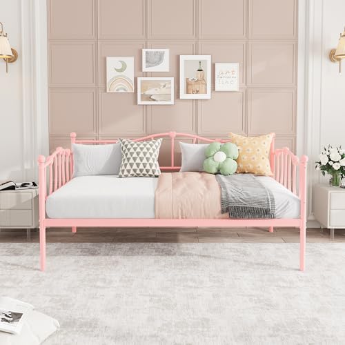Image of GarveeHome Twin Size Daybed Frame, Sofa Bed with Stylish Headboard, Heavy Duty Steel Slat Support, Space Saving for Living Room /Bedroom /Guest Room, Pink