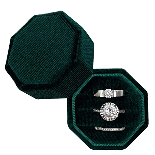 Beatilog Velvet Ring Box 3 Slots Wedding Day - Octagonal Premium Rings Holder Handmade Ring Bearer Jewelry Storage Organizer for Wedding Ceremony, Christmas, Photography Prop (Emerald)