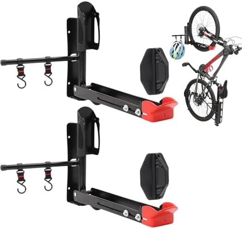Bike Wall Mount Rack Adjustable & Foldable Garage Bike Rack with Swivel Design & 2 Storage Hooks, Fits 20
