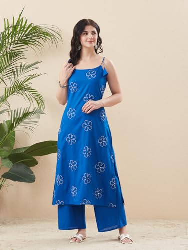 Image of MOKOSH Women's Cotton Embroidery Kurti with Palazzo | Kurta Set | Mirror Work | Round Neck Sleeveless | 2 Piece Outfit | Indian Kurta Outfit With Palazzo Pants