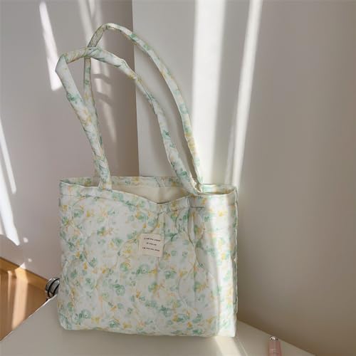 Image of Floral Quilted Cotton Shoulder Bag for Women Medium Size Handbag Large Capacity Thickened Design Tote