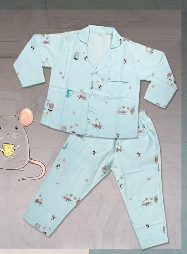 Image of MINIMATES Unisex Kids Cotton All Over Printed Night Suit Sleepwear Top & Pyjama Set Full Sleeve with Pockets for Girls & Boys with Buttons /Sleepwear for Girls /Night Dresses