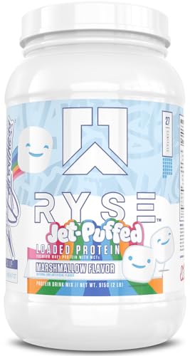ryse loaded protein powder - jet-puffed marshmallow - 25g whey protein isolate amp concentrate with prebiotic fiber amp mcts - low carb low sugar digestive-friendly - 27 servings  2 lb tub