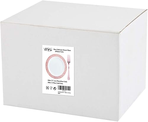 Vista 52 de WDF 86 platos de postre de oro rosa de 6 pulgadas con 86 tenedores desechables de 5 pulgadas, elegantes platos de plástico cuadrados para el día
