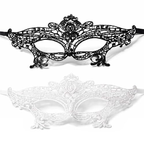 ZZHBOO 2 Masques Sensuels de Bal, Masque de Dentelle Brodé Noir et Blanc, Accessoire de Cosplay pour Halloween, Mascarade, Carnaval et Soirée Costumée