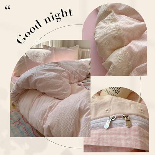Image of VM VOUGEMARKET Pink Full Duvet Cover Set 3 Pieces Lace Bedding Set Simple Cozy Plaid Checkered Comforter Cover with Zipper Ties for Teen Girls