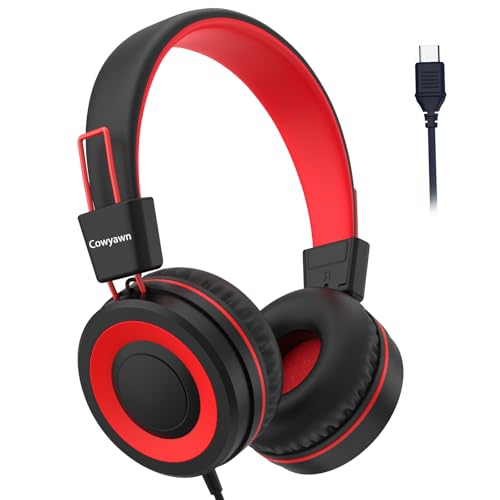 Cowyawn USB Type C Kids Headphones for School, Wired Toddler Headphones, 94dB Volume Limited, HD Stereo Sound, Foldable Lightweight On-Ear Wired Headphones for Kids/Children/Teens/Boys (Red Black)