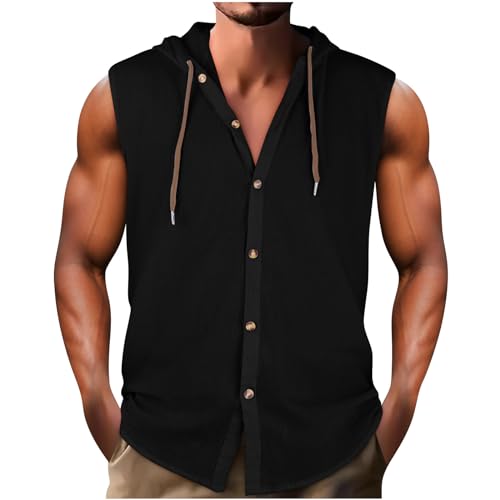 Men Linen Tank Tops with Hood Cotton Casual V Neck Sleeveless Hooded Sweatshirts Summer Button Hawaiian Shirt