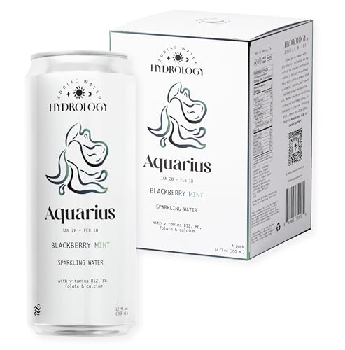 Hydrology Zodiac Water - Aquarius Blackberry Mint - Organically Flavored Social Sparkling Water with unique Vitamins and Minerals tailored to the Aquarius Zodiac Sign, Astrology Drink for Birthday Gift (4-Pack, Aquarius - Blackberry Mint)