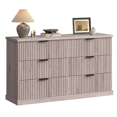 VASAGLE MAXE Collection - 6-Drawer Double Dresser for Bedroom, 54.2-Inch Wide Chest of Drawers, Fluted Panels, Mid Century Modern Storage Dresser, TV Stand for Living Room, Washed Gray ULTS6