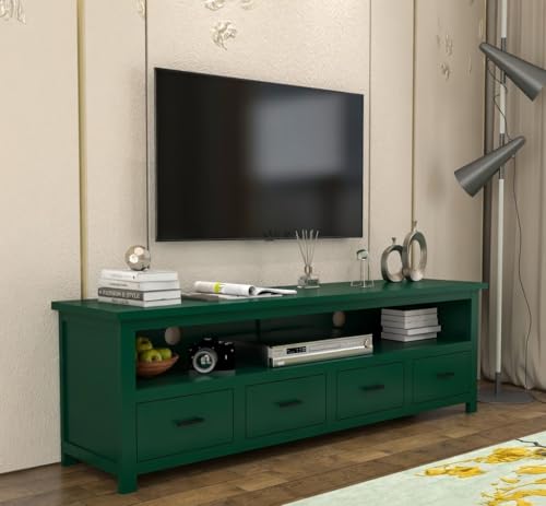 Image of Sheesham Solid Wood TV Cabinet for Living Room | Handcrafted Wooden TV Unit with Storage | Elegant Entertainment Stand for Modern Homes (4 Drawer Tv Cabinet, Green)