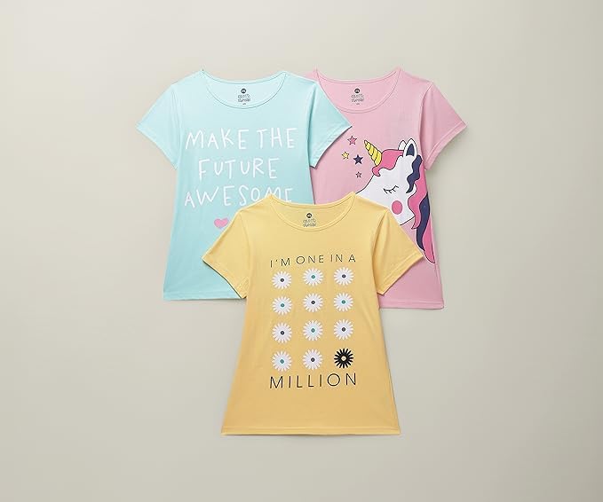Image of Clotth Theory Girls Super Combed Cotton Regular Fit Round Neck Printed Short Sleeve Tshirt -Combo Pack of 3