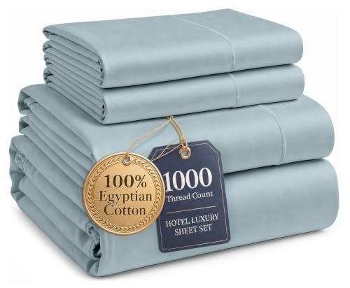 Image of LANE LINEN King Sheets 1000 Thread Count 100% Egyptian Cotton - French Blue | Cooling Sheets King Size - 4-Piece Set, 16 inch Deep-Pocket Snug Fit, Elevates A Master Suite, Fade-Resistant & Durable