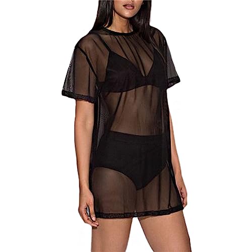 tinetill Damen Mesh Strandkleid Transparent Kleid Durchsichtiges Bikini Cover Up Kurzarm Rundhals Mesh Shirt Sommer Strandponcho Beachwear Party...