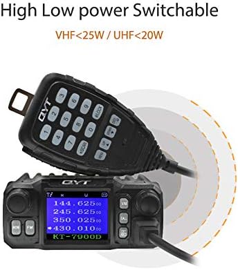 QYT KT-7900D radio with microphone, illustrating the high and low power switchable feature with VHF less than 25W and UHF less than 20W.
