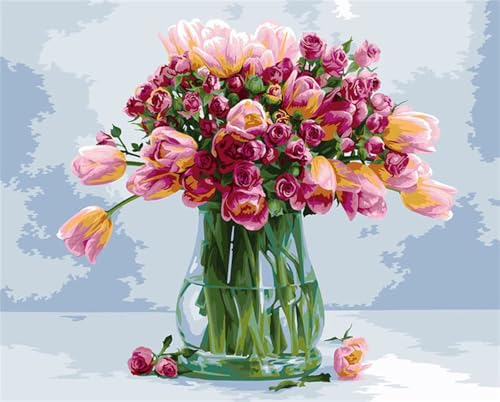 Bouquet de tulipes et de roses Peinture par Numéro pour Adulte,avec Cadre Kit de Peinture à l'huile sur Toile Bricolage pour Débutants,avec Pinceaux et Pigment Acrylique pour Maison Décoration 60x75cm