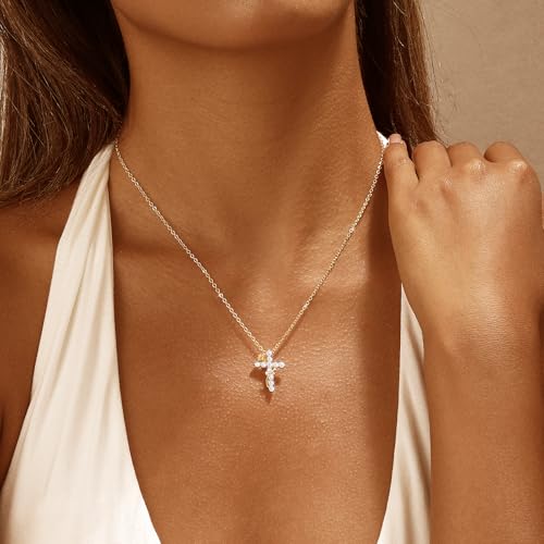 Gold Cross Necklace for Women Dainty Fashion 14K Gold Plated Zircon Rose Flower Cross Pendant Necklace Trendy Simple Small Cute Aesthetic Non Tarnish Waterproof Necklaces Easter Christian Religious Faith Jewelry Gifts3