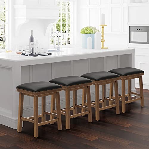Alpha Home 24" Bar Stools Set Of 2, Solid Wood Kitchen Stools With Black Pu Leather Cushion Counter Height Bar Stools For Indoor, Black Seat And Walnut Legs, 2Pcs #TOP2