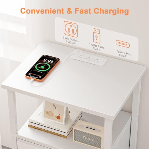 Image of Nightstand with Charging Station, Bedside End Table with 2 Fabric Drawers for Bedroom, Side Table with USB Ports and Outlets (White)