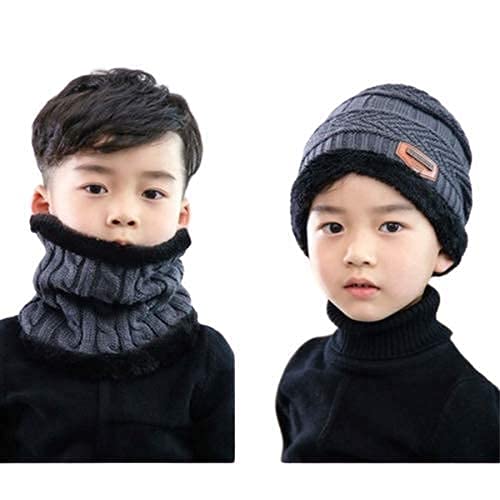 Dressify® Warm Knit Hats, Skull Cap with Neck Warmer Winter Wear Beanie Hats Scarf Set for Kids Boy's I Girl's Grey Color 1