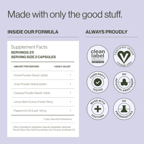 Image of Hilma Gas and Bloating Relief, 100 Vegan Capsules | Natural Herbal Supplements with Peppermint Leaf, Anise, Caraway, Fennel Seed & Lemon Balm for Debloat & Gut Support