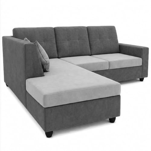 Image of FURNY Nathan 4 Seater L Shape Sofa Set LHS (Light Grey-Dark Grey) | Suede Velvet Finish | Durable Comfort Sofa for Modern Living Room & Office Spaces