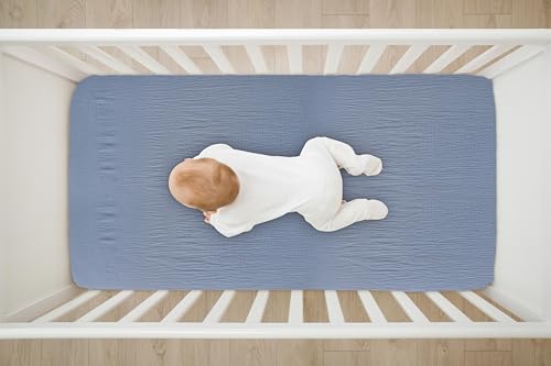 Image of TADO MUSLIN Baby Crib Sheets 2 PCS, 100% Organic Cotton Fitted Crib Sheet for Standard Crib Mattress (52 inchx28 inch), Soft and Breathable for Girl and Boy Blue