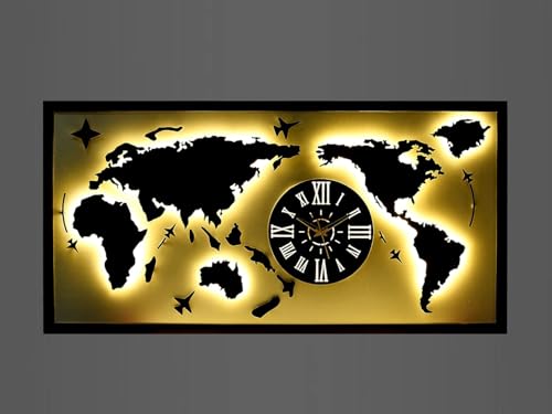 Image of METSY World map with Clock wall Hanging Metal Art Black and White Light for Office Restaurant World Map Metal Wall Decor Art 3D Home Office Bedroom Living Room Outdoor (Black & White) 62x122 cm