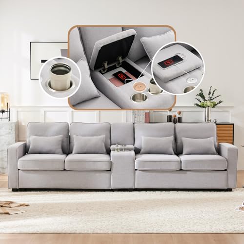 DRIXNO 4-Sitzer-Sofa aus Leinenstoff mit Konsole Grau, 2 Getränkehaltern, 2 USB-Anschlüssen zum Aufladen mit Kabel, mit Armlehnentaschen und 4 Kissen, Einfaches Sofa für...