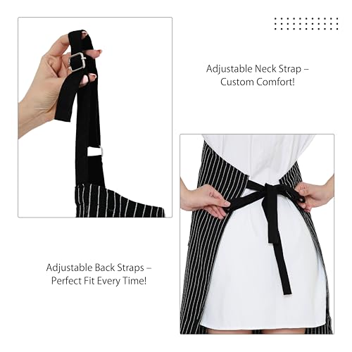Image of Encasa XO Cotton Cooking kitchen Apron for Women and Men chef apron With adjustable neckstrap, Pocket & Towel Holder for Easy cooking, Baking, BBQ, Gardening- Butcher Stripes Black, 68x85 cm