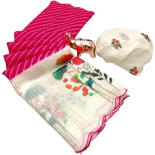 Image of Women's Linen Cotton Blend Saree Multicolor Ikat Brush Print Scalloped Border with Floral Print Unstitched Blouse Piece