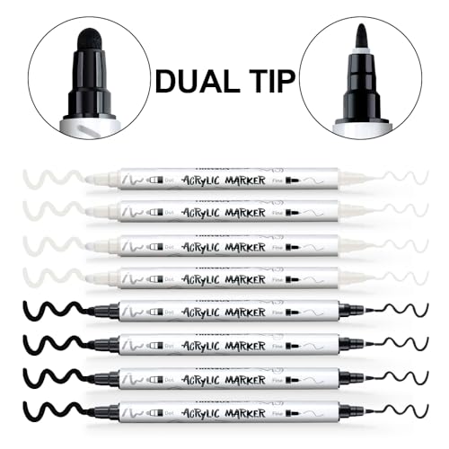 Image of TRANSON 4 Black and 4 White Paint Markers Bold and Fine Dual-tip Acrylic Paint Marker Set for Rock Painting Glass Canvas Wood Leather Ceramic Painting