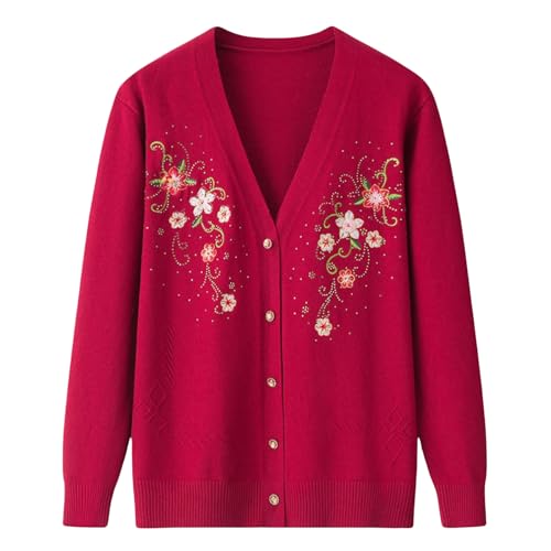 Cárdigan de punto para mujer mayor chaqueta bordada de entretiempo cuello V