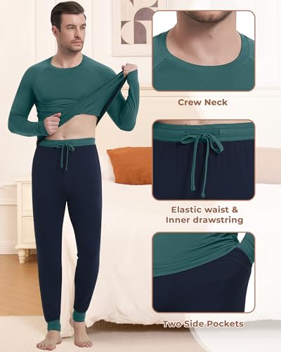 Image of NACHILA Mens Pajamas Set Long Sleeve Henley Sleepwear Top Soft Jogger Pants Pajamas Cool Pjs Set,Viscose Made from Bamboo