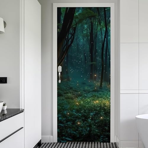 REDAMANCY Yellow Firefly Blue Green Mystic Forest Lane Plant Peel and Stick Door Stickers Vinyl Decals Decor Modern Self-Adhesive, Waterproof, Removable