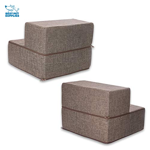 Image of Best Pet Supplies Foldable Pet Steps /Stairs with CertiPUR-US Certified Foam Brown Linen, 2-Steps (H: 12 inch inch) inch (STF242-2)