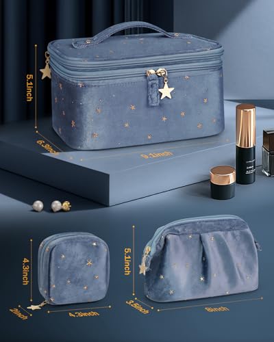 Wedama Makeup Bag Gift for Women, Double-layer Cosmetic Bag with Jewelry Storage and Brush Holder 3 Pcs Velvet Makeup Organizer Bag Gift Set Travel Toiletry Bag for Women Girls, Blue4