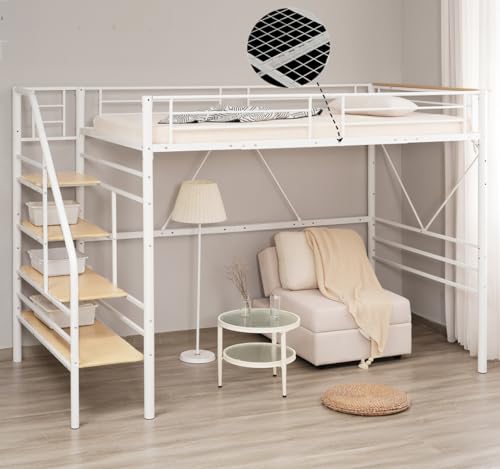 Kennkari ロフトベッド 階段付き シングル パイプベッド ロフト スチール ベッド 宮付き ベッドフレーム はしご付き 片側手すり付き コンセント付き メッシュ床板 収納 大人用 耐震 頑丈 一人暮らし 耐荷重150kg 高さ170cm (ホワイト)