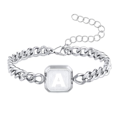 Image of Bellino Initial Bracelet Cuban Link Chain Mens Bracelets Jewelry Gifts | Initial Cuban Link Bracelet for Mens Bracelet Adjustable Size Stainless Steel Men Jewelry Birthday for him Dad Brother Son