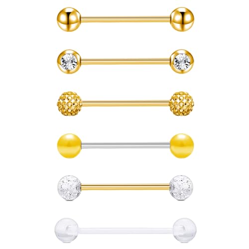 Gojewen 6er Zungenpiercing Chirurgenstahl 16mm Stablänge Piercing Zunge Tongue Schmuck 14G Verschiedene Kugeln Gold