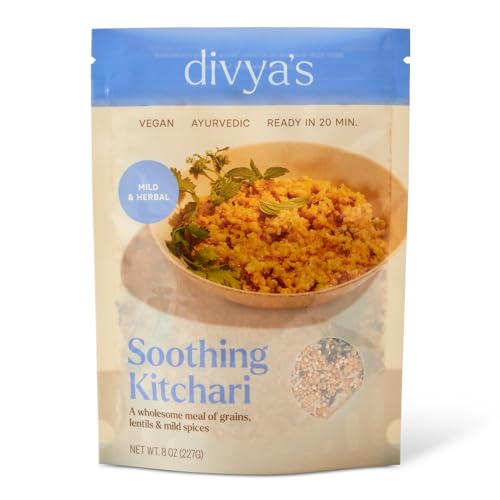Divya's Soothing Kitchari, Mild &amp; Herbal, One-Pot Ayurvedic Meal with Grains, Lentils, &amp; Spices, Healthy &amp; Nourishing Plant-Based Meal, Vegan, Non-GMO, Gluten Free, Organic, Family Size - 4 Meals