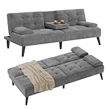 Shintenchi Futon Sofa Bed, Velvet Foldable Couch Reclining Sleeper w/Removable Armrests, Upholstered Loveseat w/Folding Cup Holders for Home, Office, Dark Gray