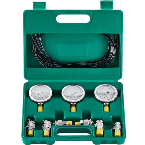 Hydraulic Pressure Test Kit, 250/400/600bar, 3 Gauges 6 Test Couplings 3 Test Hoses, Excavator Hydraulic Test Gauge Set with Portable Carrying Case for Excavator Tractors Construction Machinery