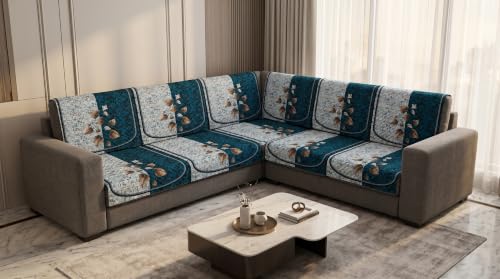 Image of KINGLY Quilted Velvet Sofa Cover Teal Blue L Shape 4+3 Anti Skid Pipe