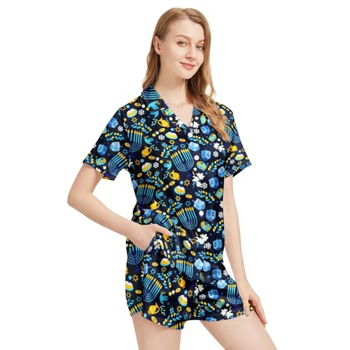 Image of Funny Satin Pajamas Set for Women Button Down Sleepwear Print Pjs Set 2 Piece Short Sleeve Loungewear Gift for Women