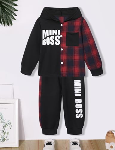 Qaoerde Toddler Baby Boy Clothes Plaid Hoodie Tops Long Sleeve Sweatshirt + MINI BOSS Pants Little Boys Fall Winter Outfits4