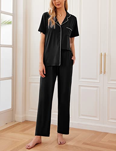 Ekouaer Women Pajamas Set Button Down Sleepwear Short Sleeve Nightwear with Long Pants Soft Pjs Set S-XXL3