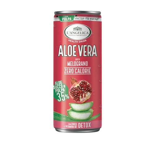 L'Angelica, Lattina Aloe Gusto Melograno, Aloe Vera da Bere 35%, Con Zinco e Vitamina B2, Zero Calorie e Detox, Succo di Frutta e Polpa, Senza Glutine, Confezione da 240ml